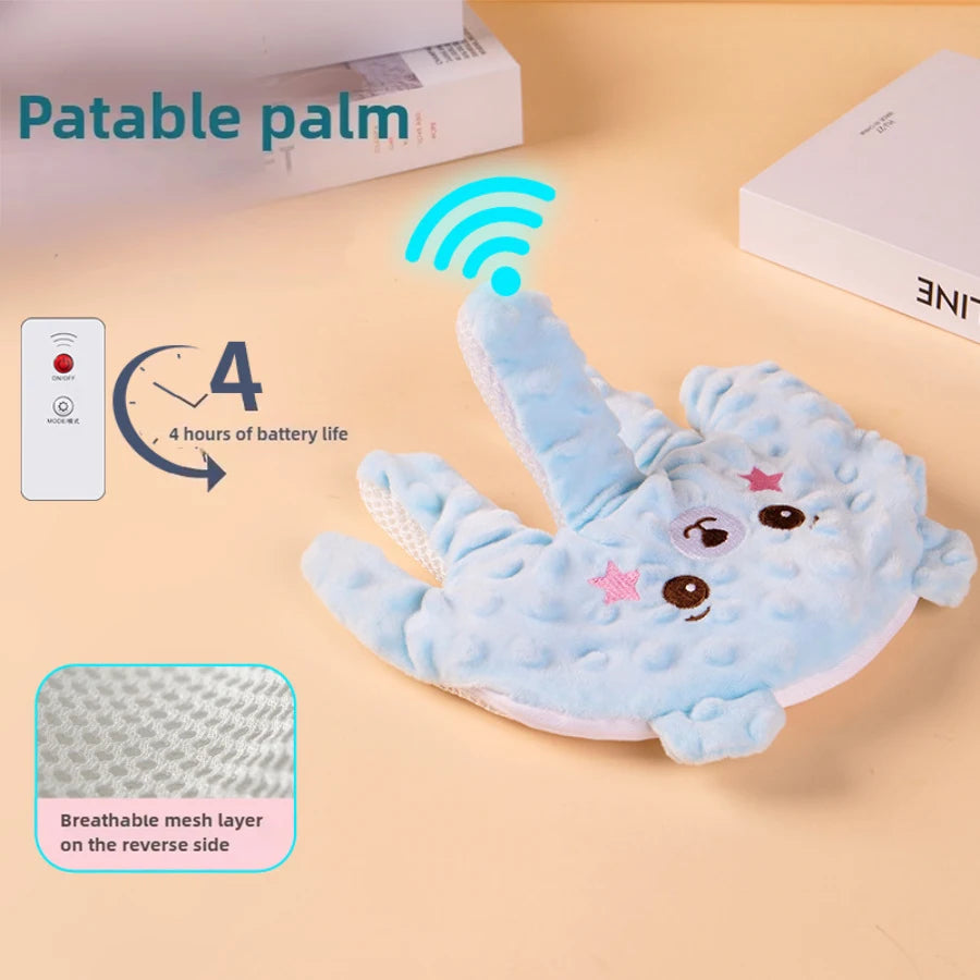 Blue baby palm pillow with remote control and 4 hours battery life callout