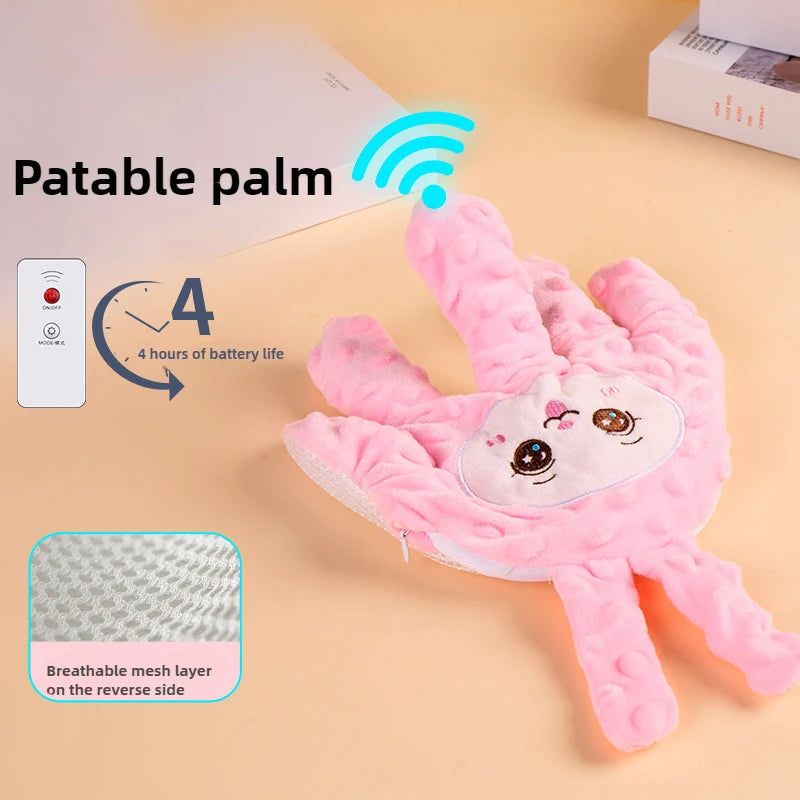 Pink baby palm pillow with remote control and 4 hours battery life callout