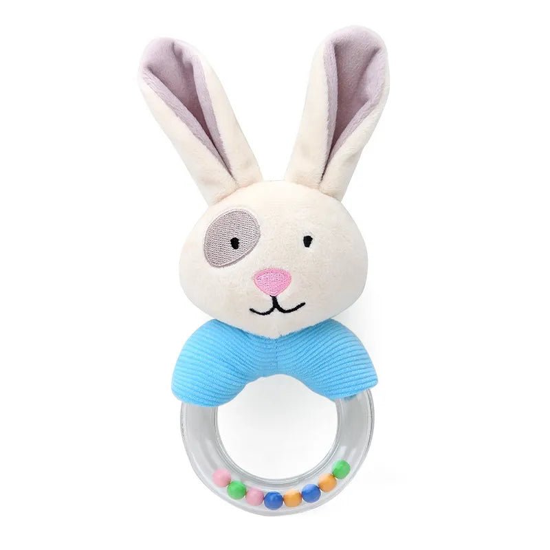Plush rabbit toy with a teething ring.