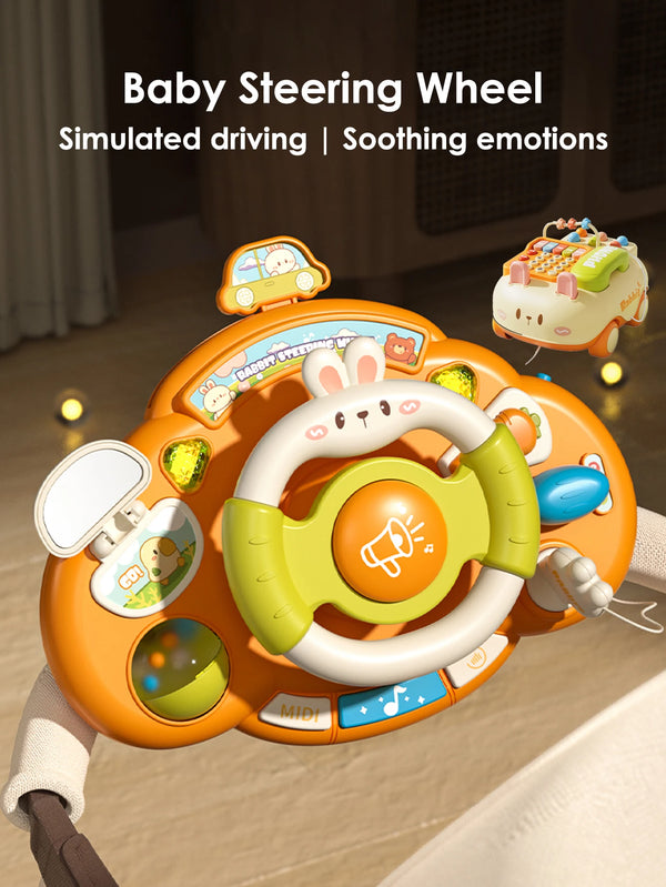 Baby steering wheel toy with colorful buttons and lights for pretend driving play in the car seat.