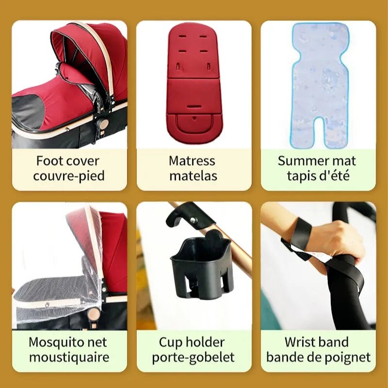 Collection of baby stroller seating accessories included with the 3-in-1 luxury travel pram.