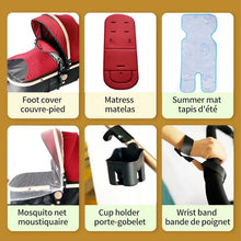 Collection of baby stroller seating accessories included with the 3-in-1 luxury travel pram.