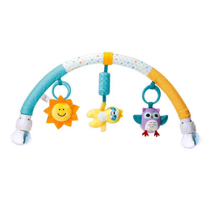 Baby stroller arch sensory toy with sun, star, and owl designs for chimes and squeaker fun.