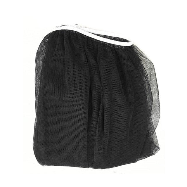 Folded black breathable bug shield mesh net that packs into the stroller basket for travel and holidays.