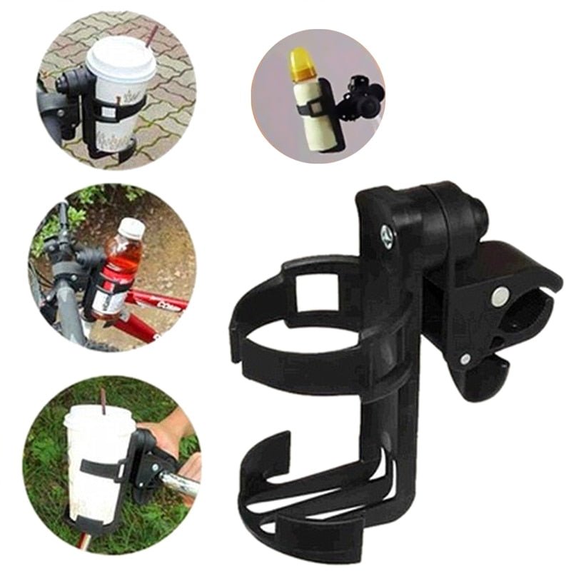 Baby Stroller Cup Holder universal rotatable black mount for carrying drinks and bottles on pram walks.
