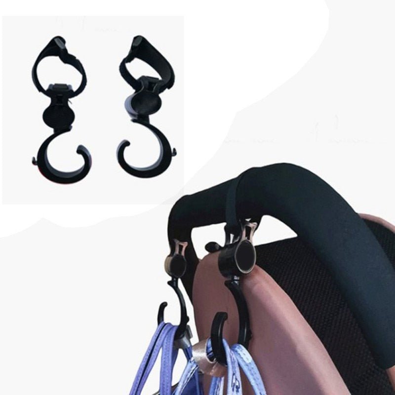 Baby Hanger Stroller Hooks with 360 degree rotating pram clips for hanging bags and accessories on everyday stroller trips.