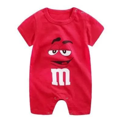 Red baby romper with M&M character design