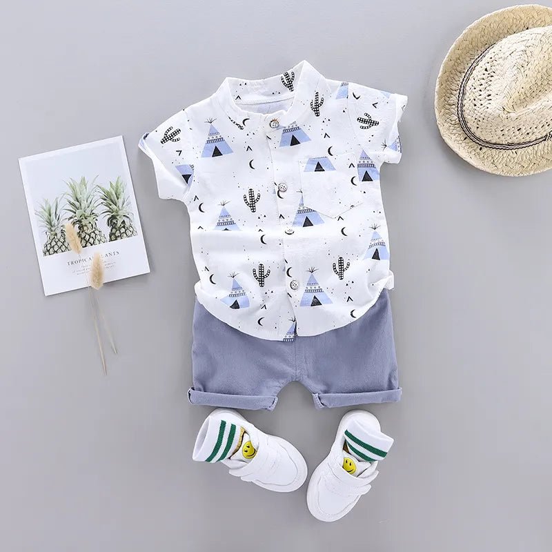 Children's outfit with t-shirt, shorts, socks, and hat 