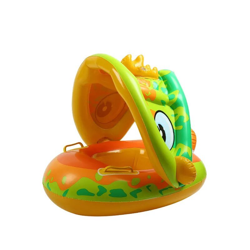Baby sun protection pool float in green and orange design for shaded outdoor swim time.
