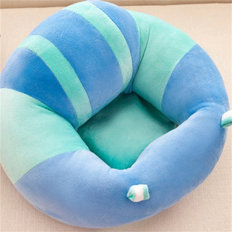 Side view of the blue and green striped baby sofa seat showing cushioned walls that support sitting babies.