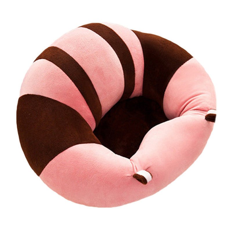 Pink and brown striped baby support sofa seat for soft sitting support during tummy time transitions.