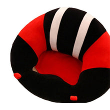 Red and black striped baby support sofa seat for cushioned infant sitting during play and feeding time.