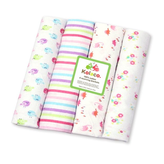 Baby swaddling blankets in 100% cotton, a 4pcs nursery set for cot layering, floor play, and gentle newborn wrapping.