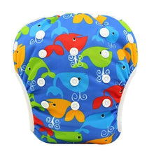 Colourful fish print baby swim diaper with adjustable snaps, growing with baby through multiple swimming seasons.