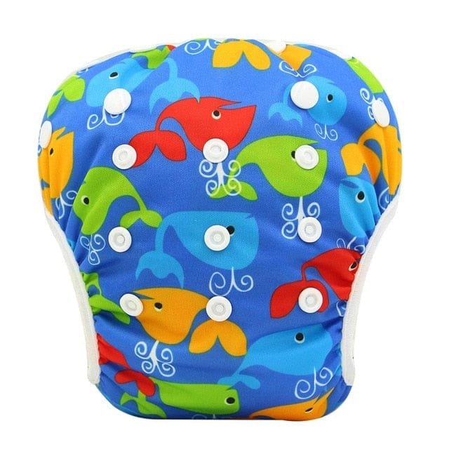 Colourful fish print baby swim diaper with adjustable snaps, growing with baby through multiple swimming seasons.