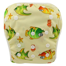 Fish and starfish print baby swim diaper, a toddler swim lesson pant that is quick to rinse and reuse.