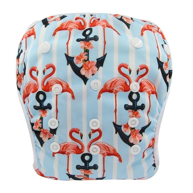 Flamingo and anchor nautical print baby swim diaper, a reusable swim nappy for boat days, beaches, and pool trips.