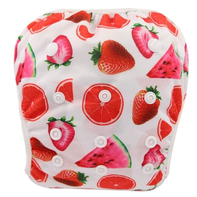 Fruit print baby swim diaper, a reusable nappy for summer pool days, splash pads, and seaside family holidays.