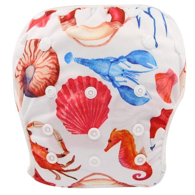 Marine print baby swim diaper, a waterproof reusable pool nappy that saves money compared with disposable swim pants.