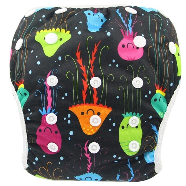 Sea creature print baby swim diaper in bold colours, a swim pant for toddler pool sessions and summer water games.