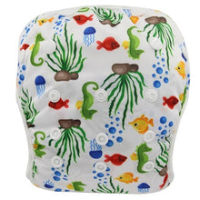 Seahorse and jellyfish print baby swim diaper, a waterproof swim nappy for infant swim sessions and holiday pool days.