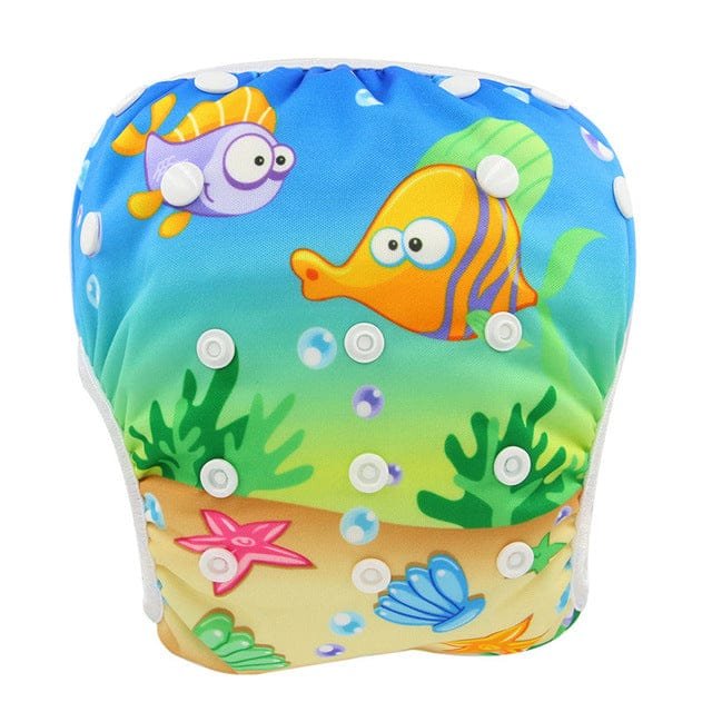 Underwater scene print baby swim diaper, reusable swimwear for babies enjoying pools, splash parks, and beach trips.