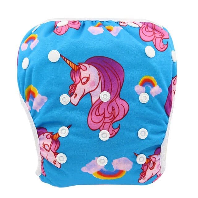 Unicorn and rainbow print baby swim diaper, a toddler pool swim pant that is reusable and easy to rinse after swimming.