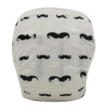 White moustache print baby swim diaper pant, a waterproof reusable swim nappy for boys at swim class and pool parties.