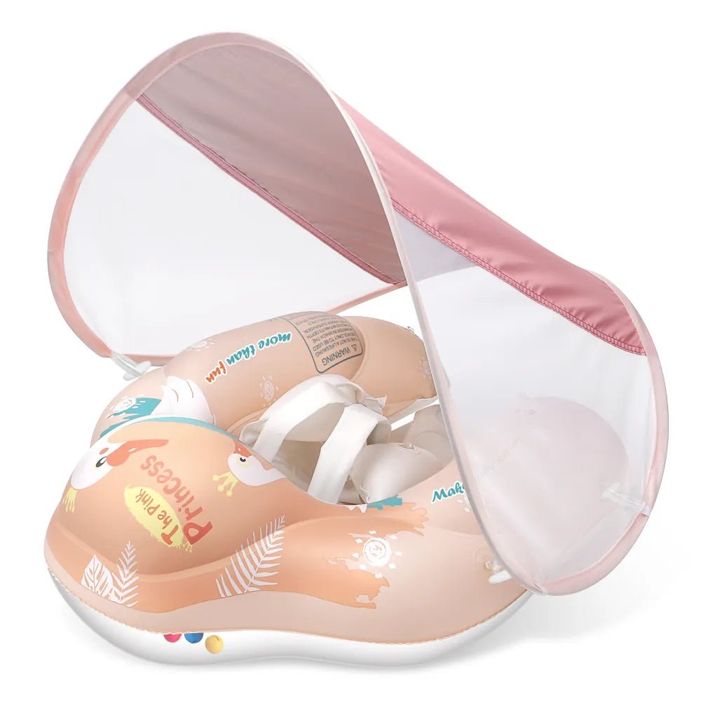 Baby swim float boat with floral design shown in its packaging for gifting.