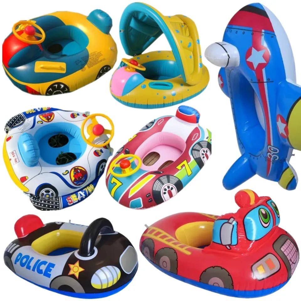 Baby swim ring set with inflatable vehicle-shaped seats for pool and beach water play.