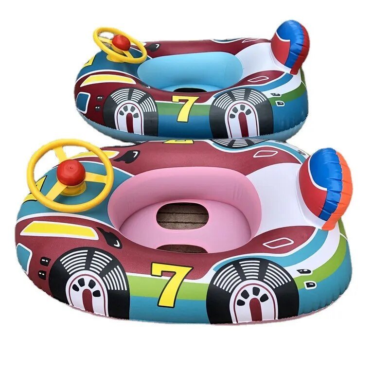 Baby swim ring with sun shade and steering wheel float for splashing safely at the pool.