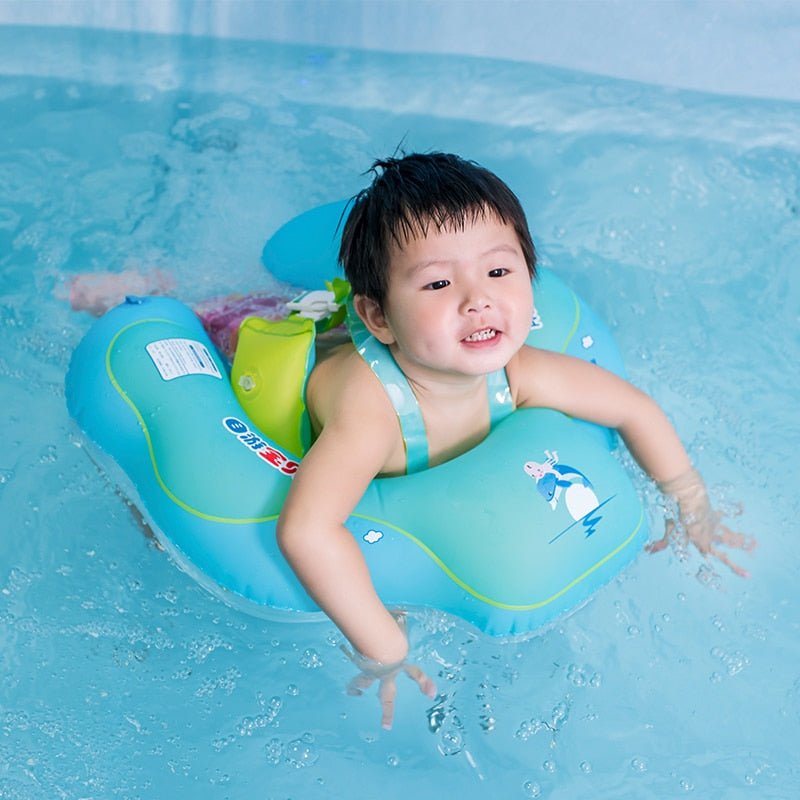Baby swim ring with built-in seat support for secure infant positioning during early swimming practice.