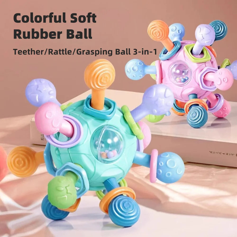 Colorful soft teether, rattle and grasping balls in teal and pink with textured knobs