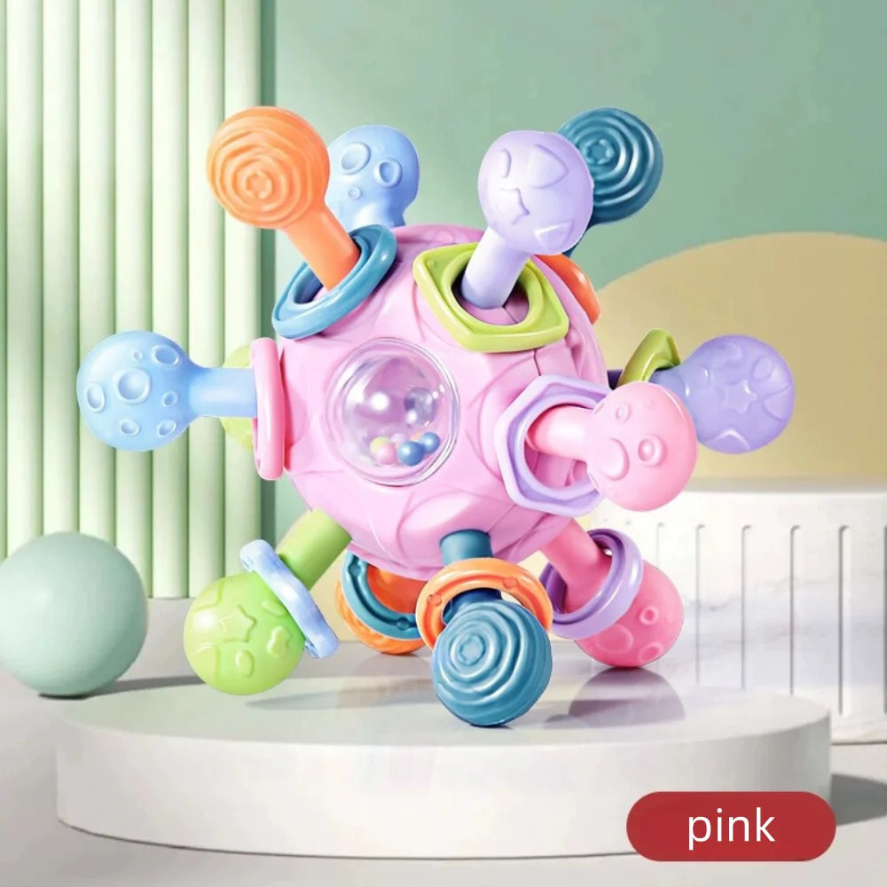 Pink 3-in-1 baby teether rattle grasping ball with colorful knobs