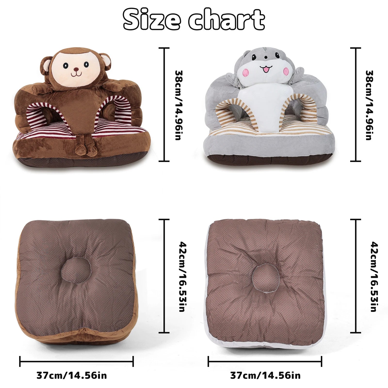 Baby infant training seat size chart showing dimensions to help parents choose the right fit.