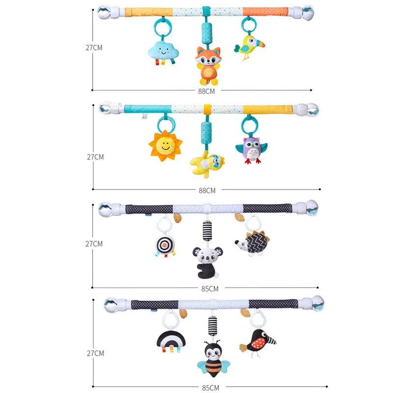 Baby travel stroller arch toy with chimes and squeaker shown with size measurements.