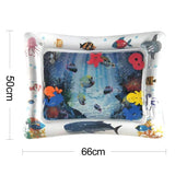 Inflatable pool with underwater scene and fish design, showing dimensions.