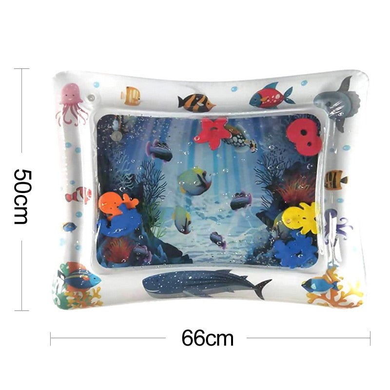 Inflatable pool with underwater scene and fish design, showing dimensions.