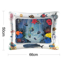 Inflatable pool with underwater scene and fish design, showing dimensions.