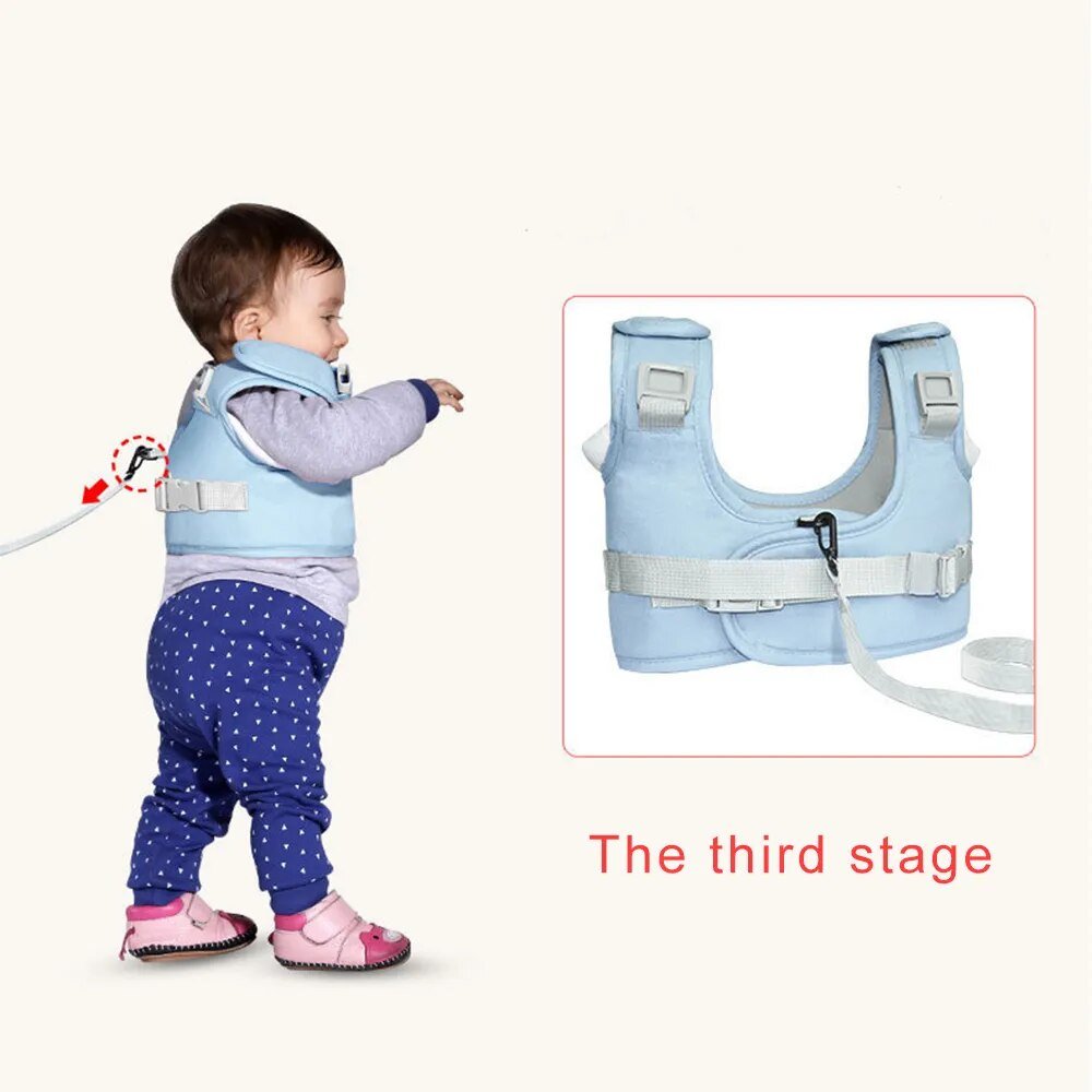 Child wearing a blue safety harness with an inset showing the product details