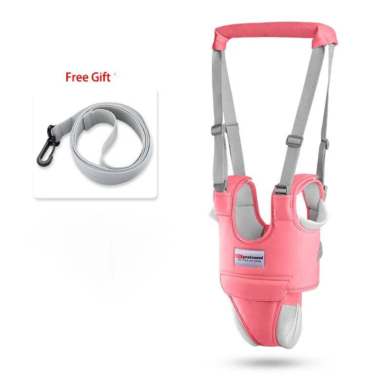 Pink baby walking harness with gray strap and free gift label 
