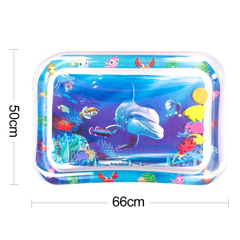 Inflatable pool with dolphin and sea creature design, showing dimensions.