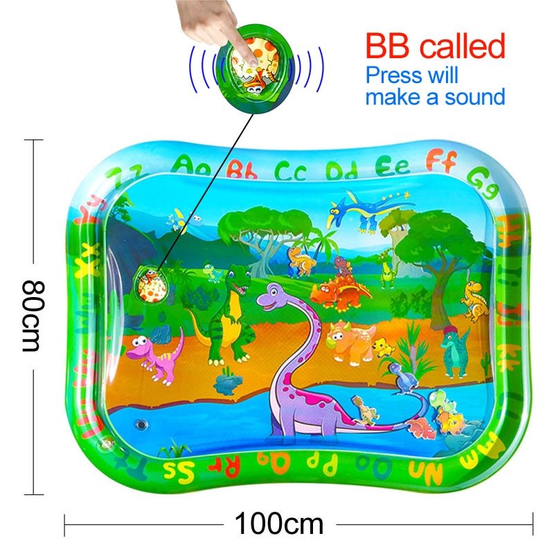 Children's inflatable play mat with dinosaur design and dimensions indicated.