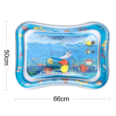 Inflatable water mat with ocean design and dimensions.