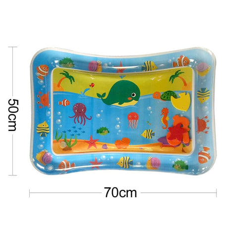 Inflatable water mat with colorful sea creature design and dimensions info.