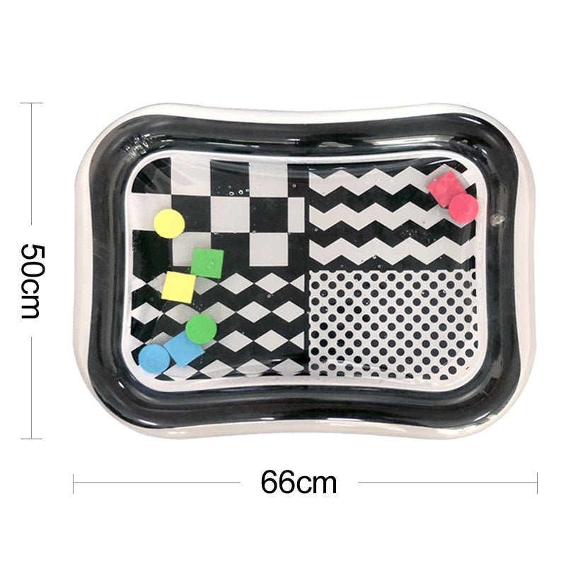 Black and white patterned tray with colorful magnetic pieces, showing dimensions.