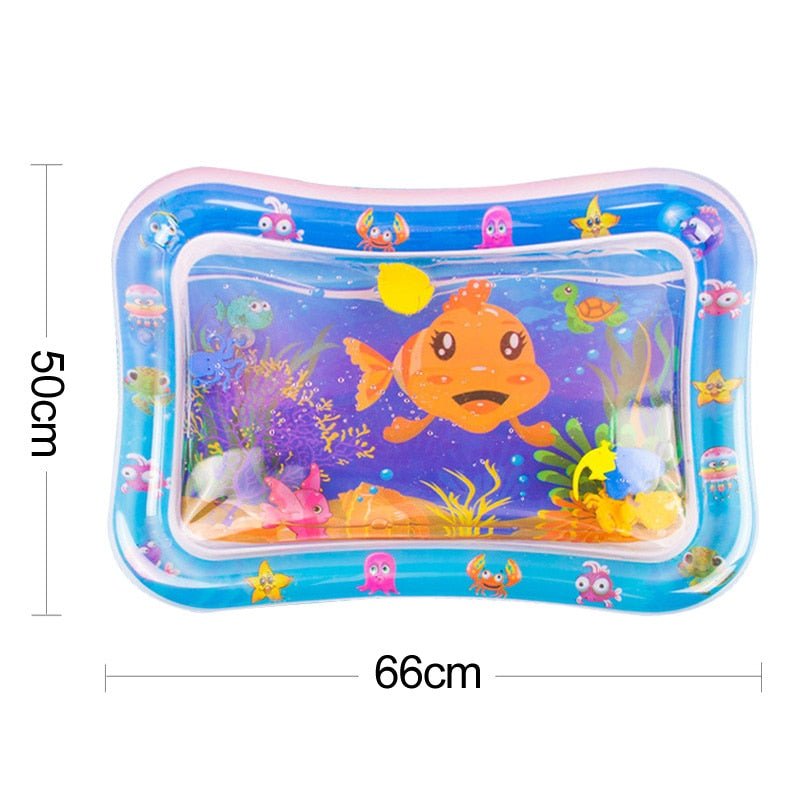 Inflatable children's play mat with ocean design and measurements.