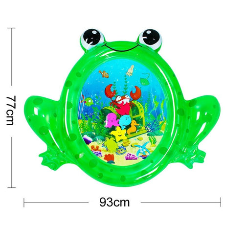 Green inflatable toy with cartoon characters and underwater scene, showing dimensions.