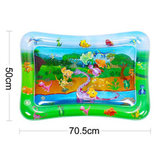 Inflatable play mat with dinosaur design and dimensions.
