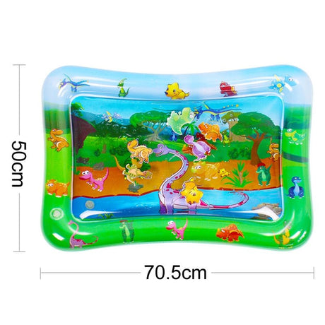 Inflatable play mat with dinosaur design and dimensions.
